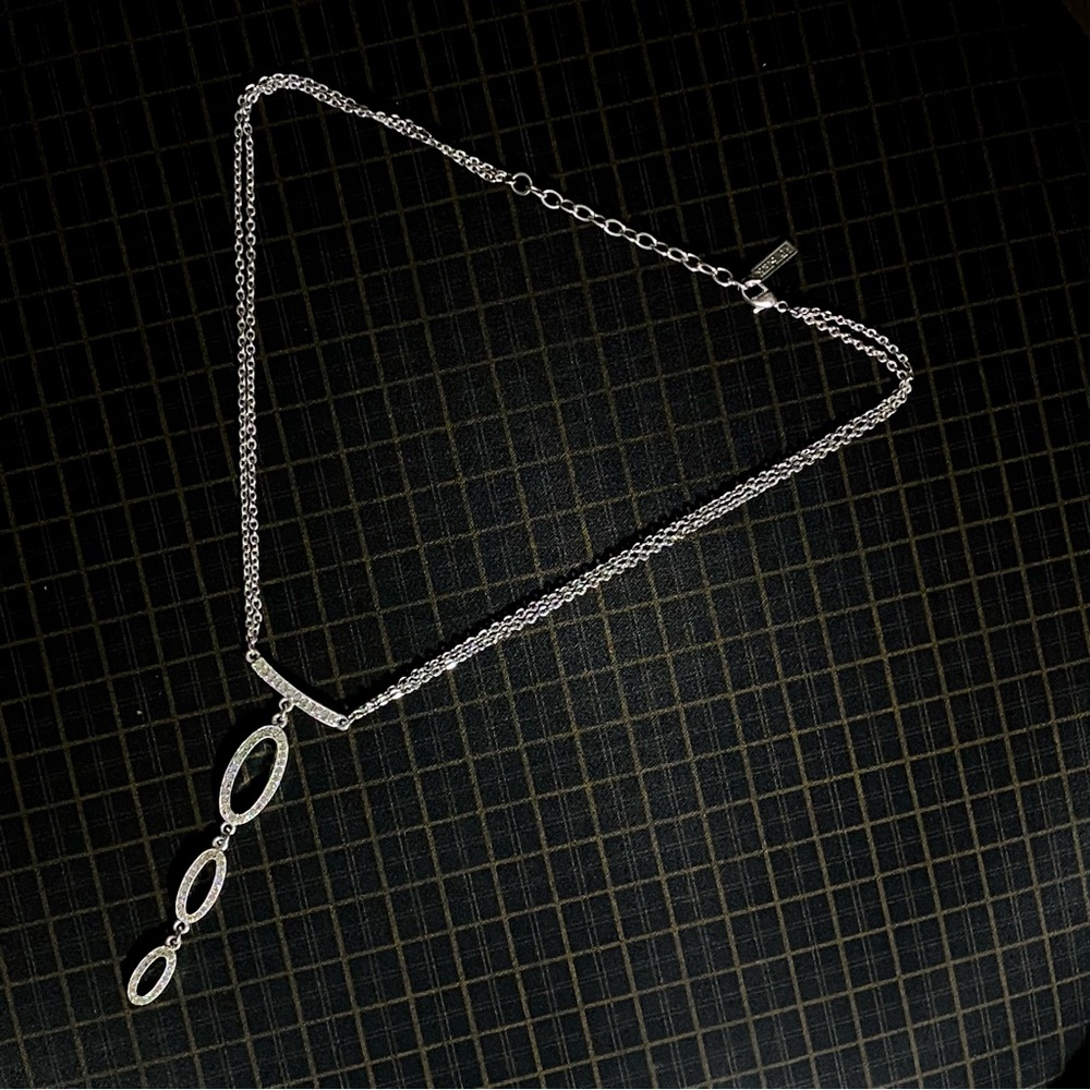 Napier Silver-Tone Double Chain Drop Crystal Tri-Oval Pendant Necklace